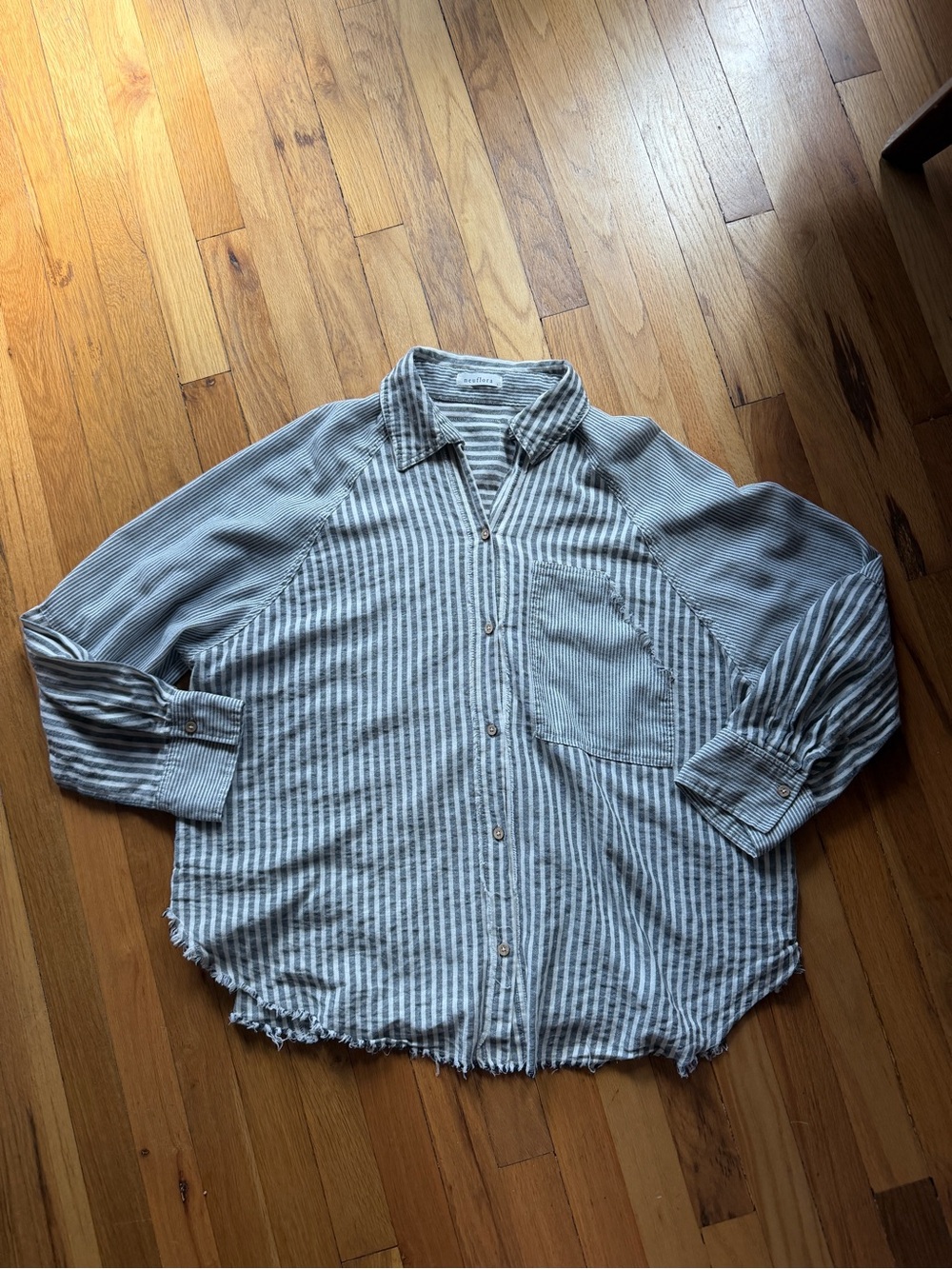 Neuflora gray and white striped long sleeve button up shirt